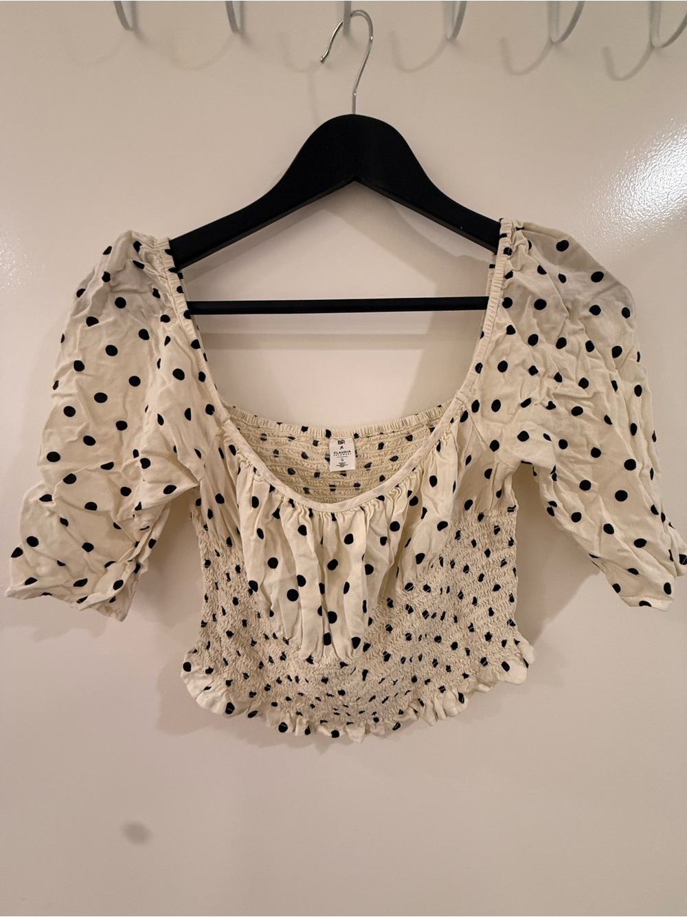 Polka Dot Smocked Crop Top - Cream with Black Dots